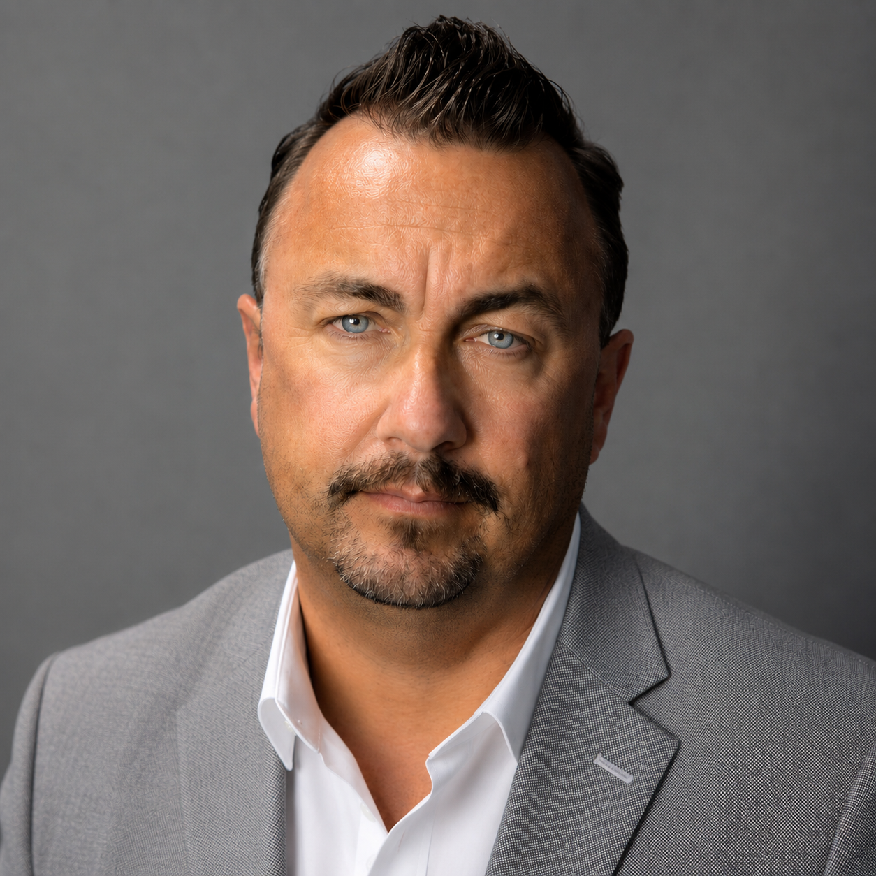 Professional corporate headshot in gray suit webp